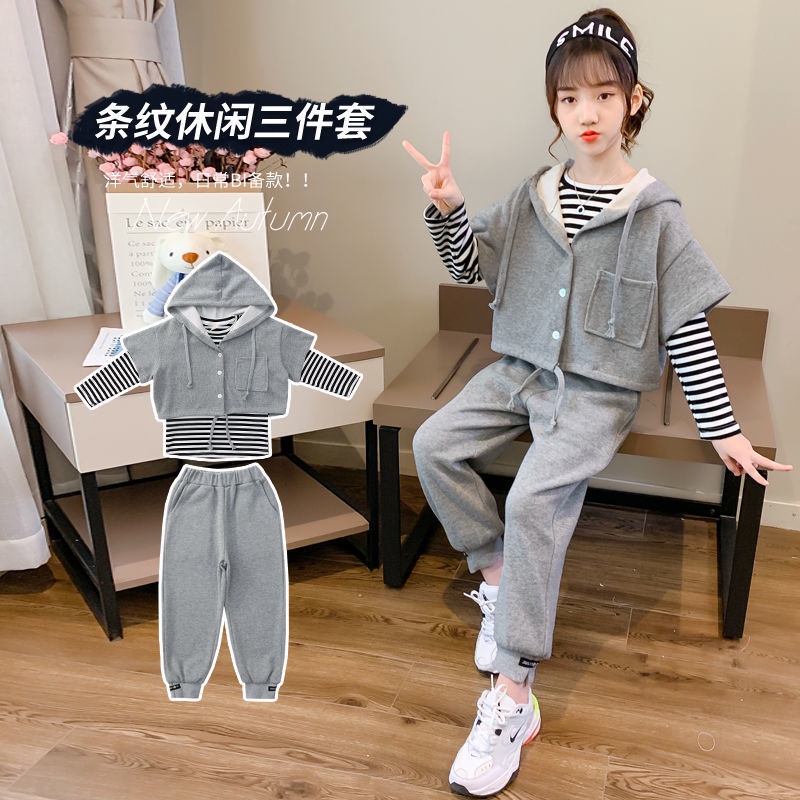 Bộ đồ thể thao ba món phong cách phương Tây thời trang xuân thu mới 2021 cho bé gái