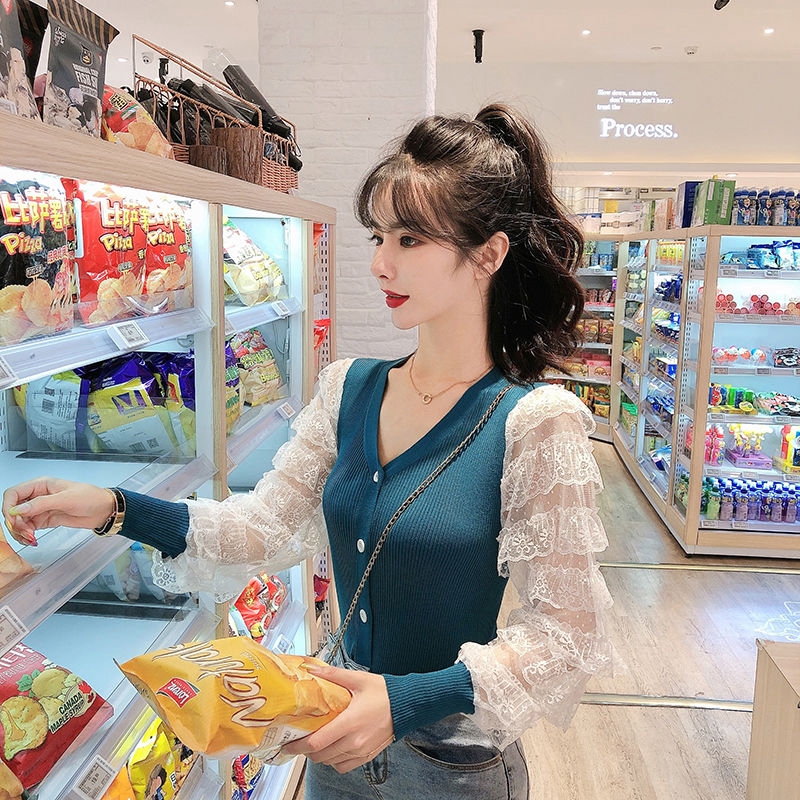 Áo khoác len tay dài xẻ cổ chữ V phong cách thời trang cho phái nữ