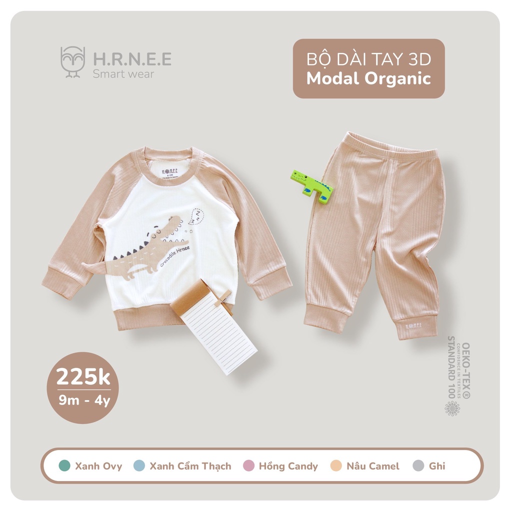 Bộ dài tay 3D Modal Organic Hrnee dành cho bé trai bé gái mặc điều hòa