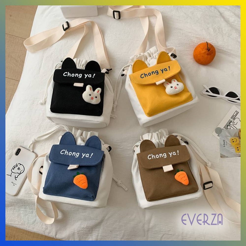 Túi Đeo Chéo Vải Canvas Miệng Rút Chong Ya Siêu Dễ Thương Đi Học Đi chơi Phong Cách Nhật Bản EV45