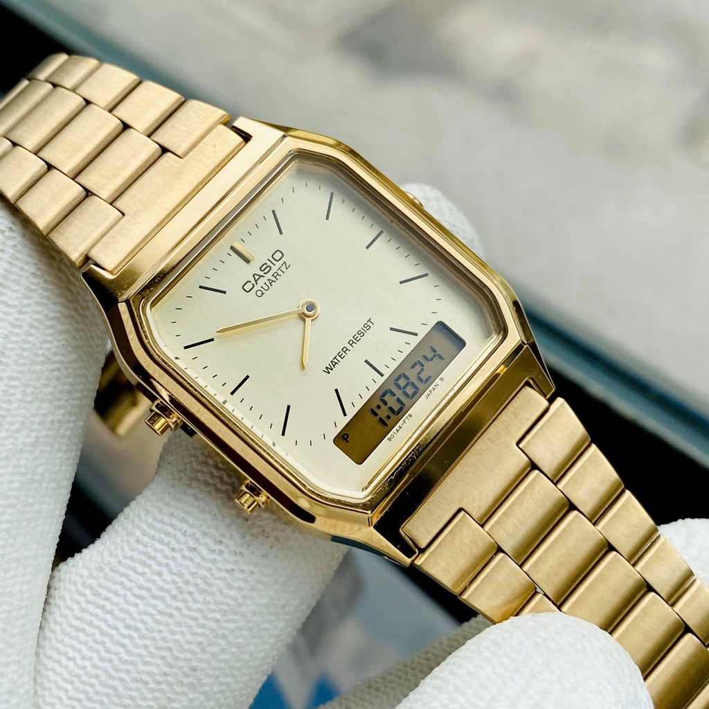 Đồng hồ nam nữ điện tử chính hãng Casio AQ 230 Dây thép không gỉ - Chống nước 3ATM Bảo hành 1 năm Hyma watch