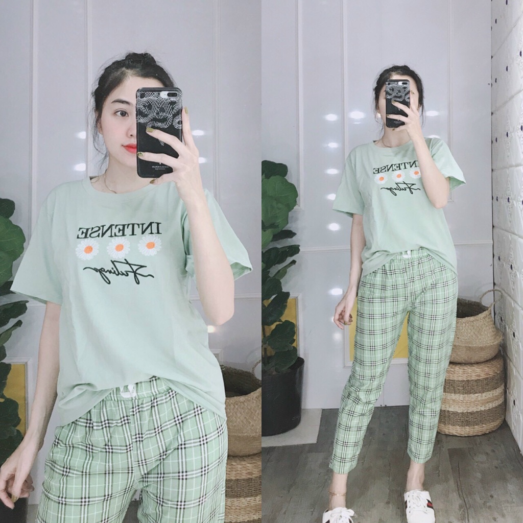 ĐỒ BỘ-SET ĐỒ BỘ THUN COTTON QUẦN DÀI SỌC CARO ÁO IN HOA NHIỀU MÀU SẮC