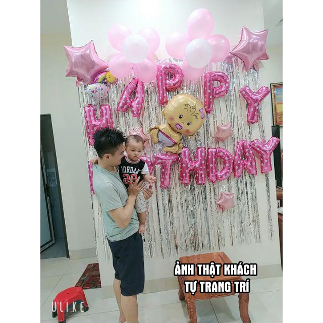 Combo Set Trang Trí Sinh Nhật 2 Rèm Kim Tuyến, Bóng Chữ Happy Birthday và 50 bong bóng tròn cho bé trai, bé gái CB01