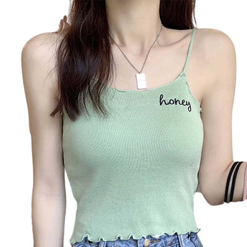 Brroa Áo Tank Top Hai Dây Dệt Kim Thêu Chữ Thời Trang Cho Nữ