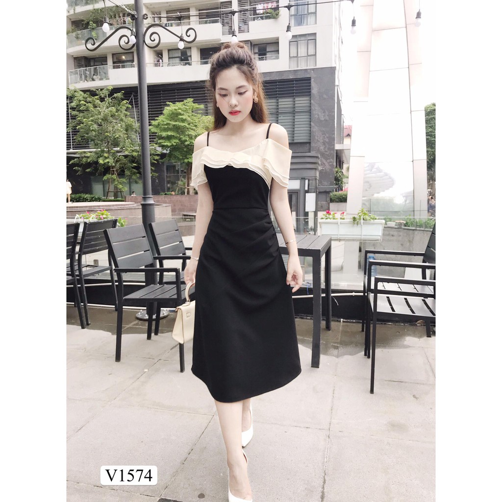 Đầm đen hở vai 2 dây nhúm eo sang chảnh V1574_ Zin Boutique [Kèm ảnh thật