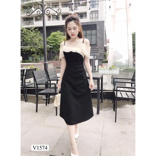 Đầm đen hở vai 2 dây nhúm eo sang chảnh V1574_ Rose Boutique [Kèm ảnh thật]