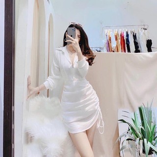 Đầm nữ nhún body cổ sơmi tay dài cài nút thật - winchois