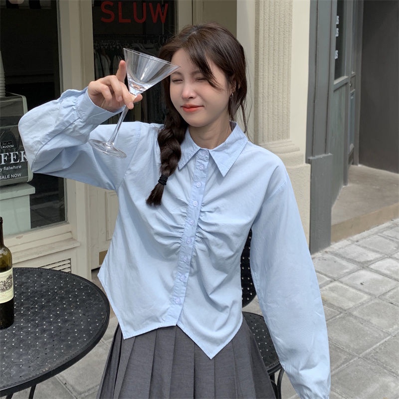 Áo Sơ Mi Dài Tay Kiểu Pháp 152301 Áo Sơ Mi Thiết Kế Xếp Ly Bất Đối Xứng Màu Sắc Đơn Giản Dễ Phối Đồ