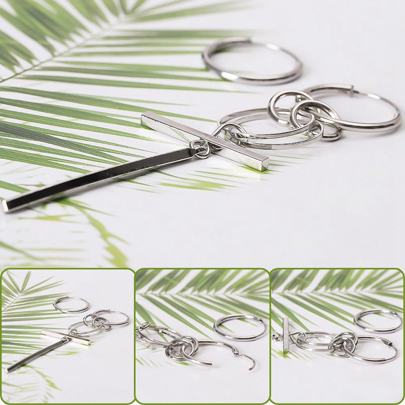 Khuyên tai dáng dài móc 3 hình tròn và 2 thanh dọc ngang độc đáo kèm khuyên tai bấm vòng tròn