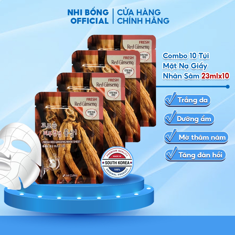 Combo 10 Túi Mặt Nạ Giấy Dưỡng Da Chiết Xuất Từ Nhân Sâm 3W Clinic Hàn Quốc Giúp Ngăn Ngừa Lão Hóa & Mềm Mịn Da 23mlx10