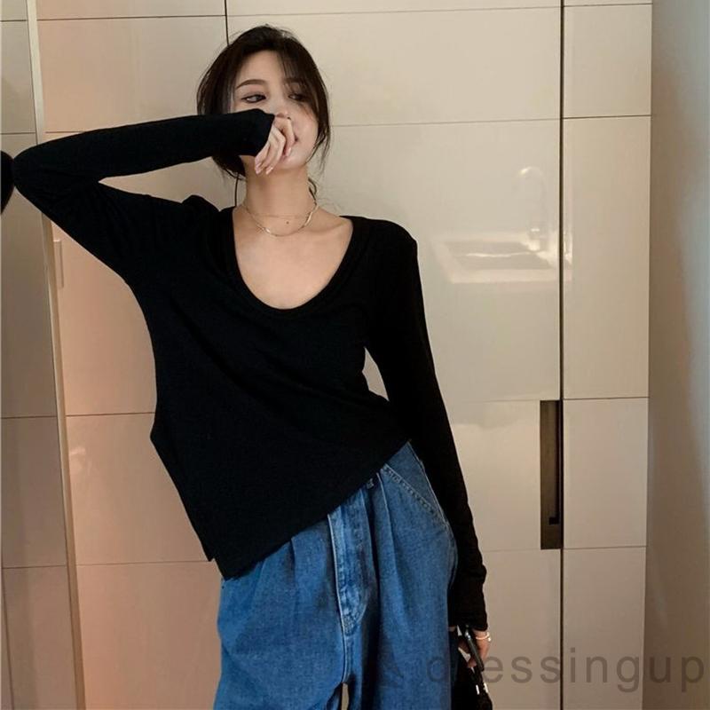 Áo thun tay dài viền ngắn cổ tròn màu trơn đơn giản thời trang thường ngày dành cho nữ