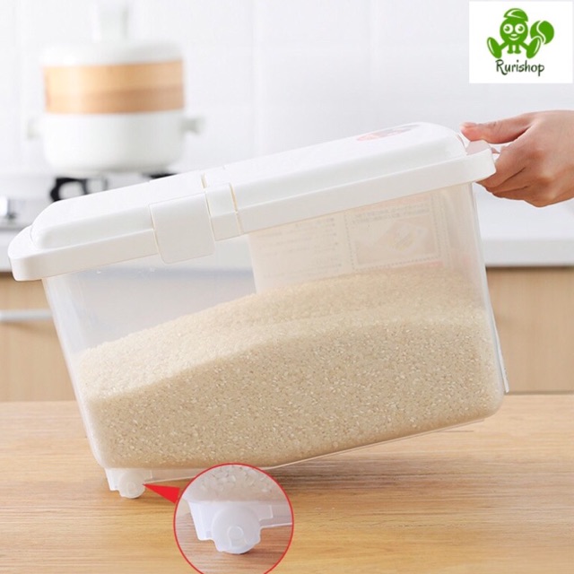 Thùng đựng gạo Inomata Nhật Bản 10kg có nắp bật, ca đong, bánh xe tiện lợi