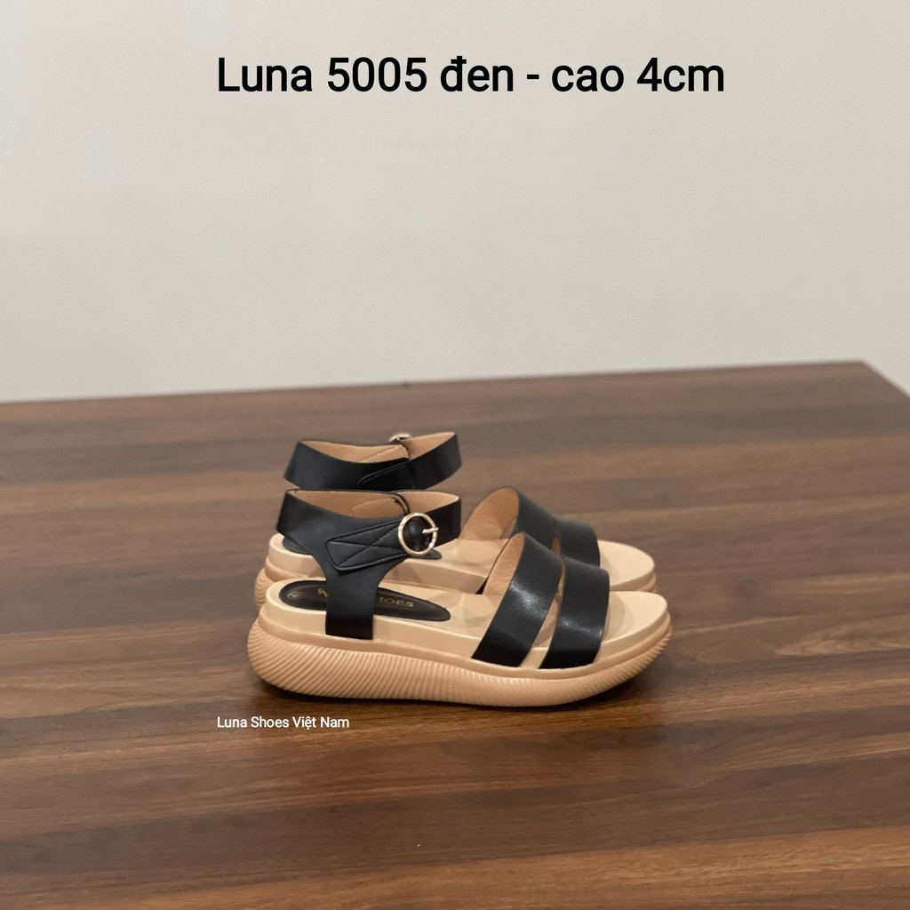 Giày sandal cao Lunashoes (5005) da si mũi tròn có quai ngang màu đen, kem bảo hành 1 năm dép đi học