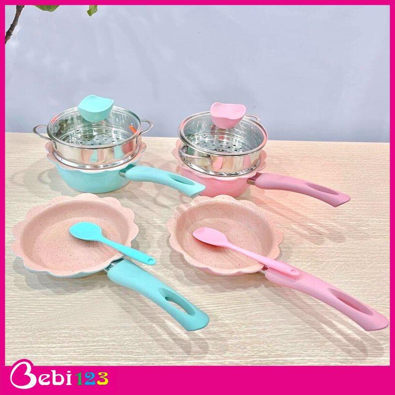 Bộ nồi chảo hoa đá kèm xửng hấp nấu đồ ăn dặm, men đá chống dính cao cấp cho bé