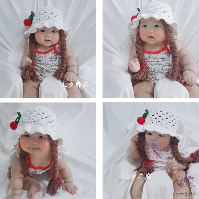 Mũ len đính quả anh đào và bím tóc handmade đáng yêu dành cho bé gái