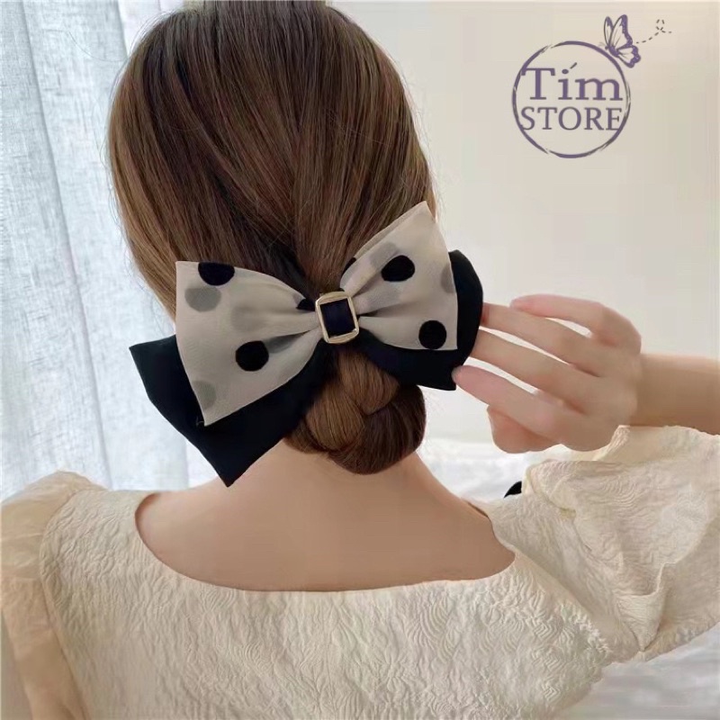 Kẹp tóc nơ von bi size to cao cấp TIMSTORE, kẹp búi tóc phong cách hàn quốc retro