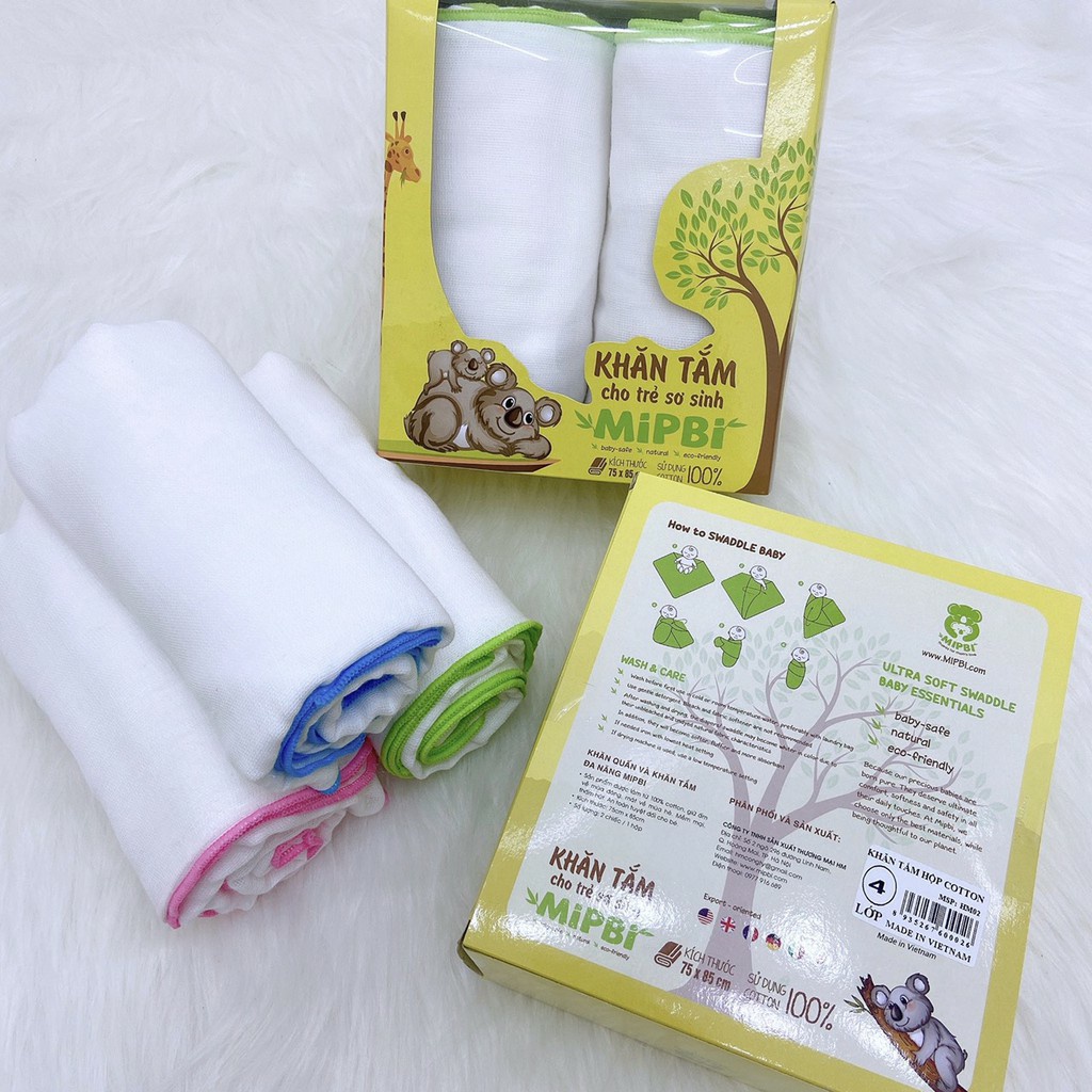 Khăn Tắm Hộp Cotton Mipbi Cho Bé ( 4 Lớp- 6 Lớp) Hộp 2 Chiếc