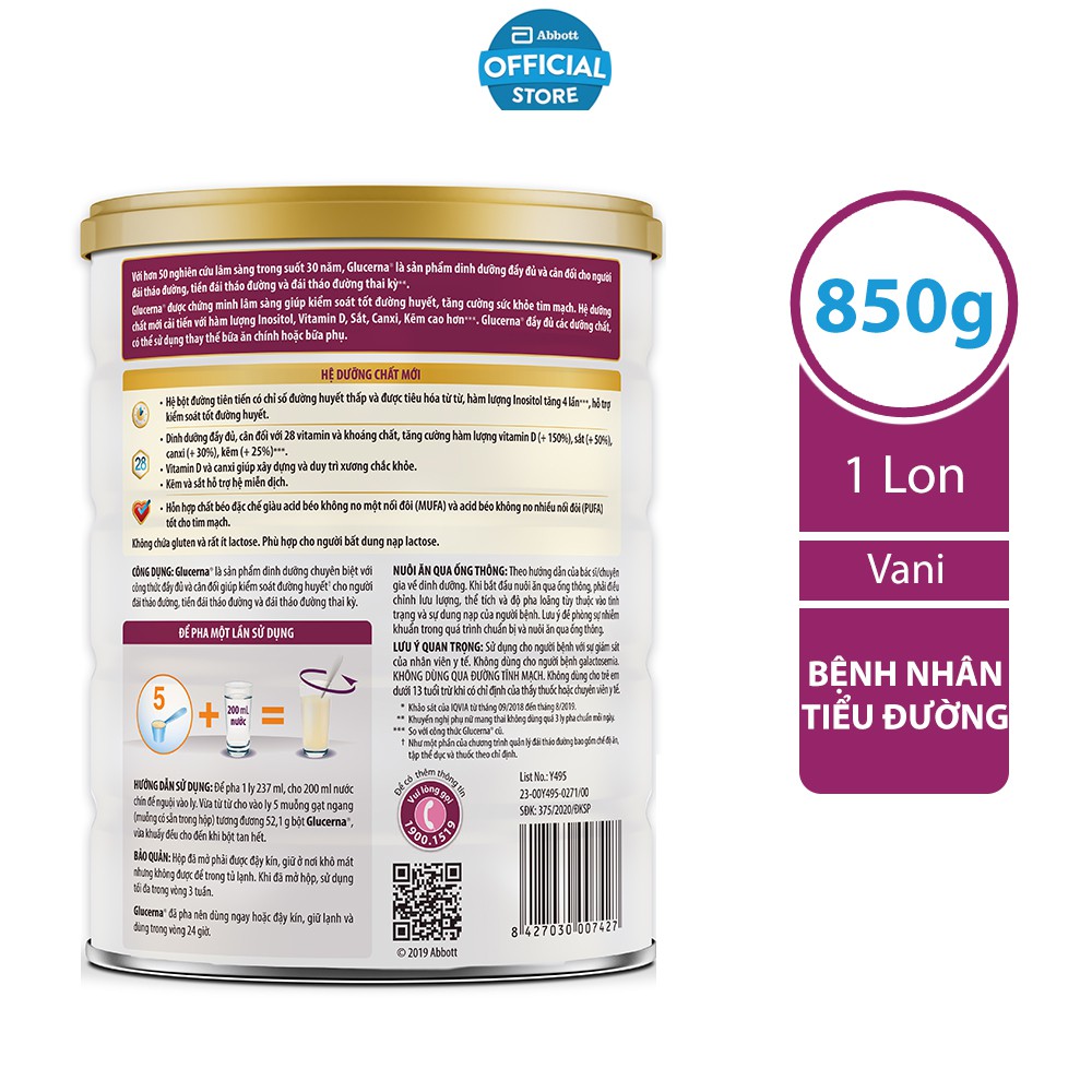 Sữa bột dành cho người bị tiểu đường Glucerna 850g