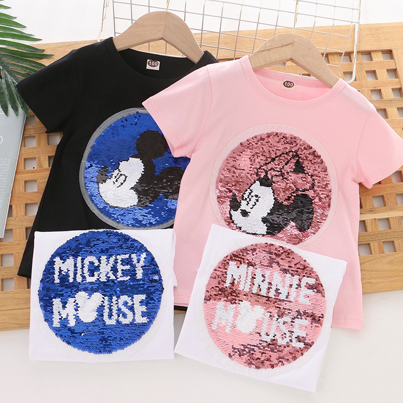 Áo thun Tay Cho Bé Ngắn Mùa Mickey cổ tròn in hình chuột Bé Gái 1-8Years