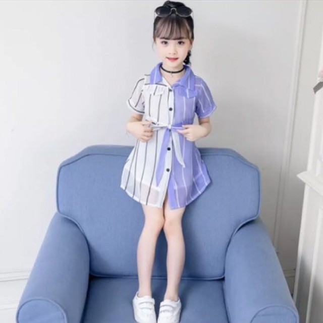 Đầm Sơ Mi Voan Kẻ Sọc Xinh Xắn Cho Bé Gái 35-38kg