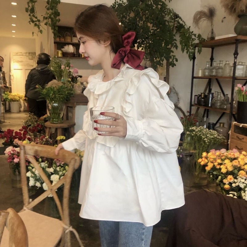 Áo sơ mi trắng babydoll cổ bèo phong cách Hàn Quốc