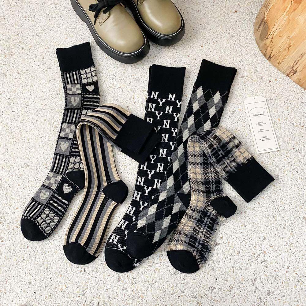 Tất Bắp Chân Cotton In Họa Tiết Caro Harajuku 1 Cho Nữ