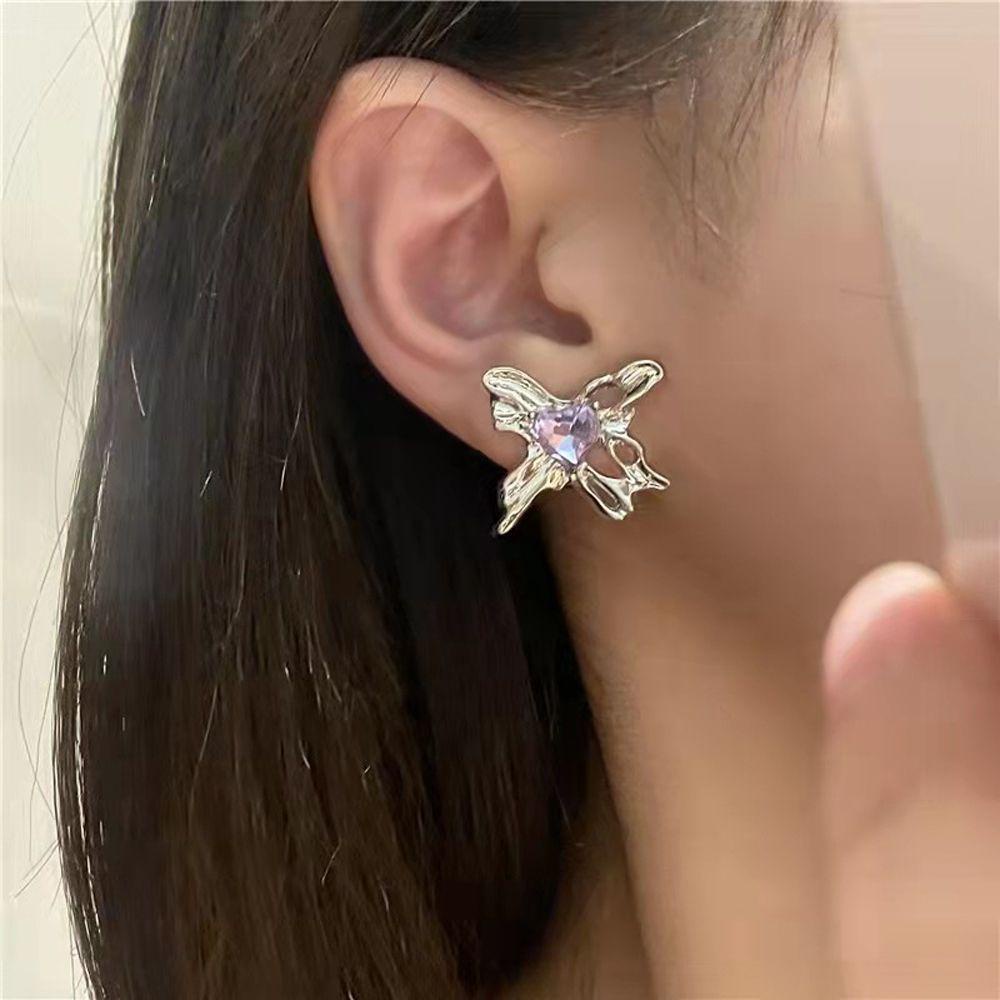 QQMALL Bông Tai Hình Trái Tim Màu Tím Phong Cách Hàn Quốc Thời Trang Cho Nữ