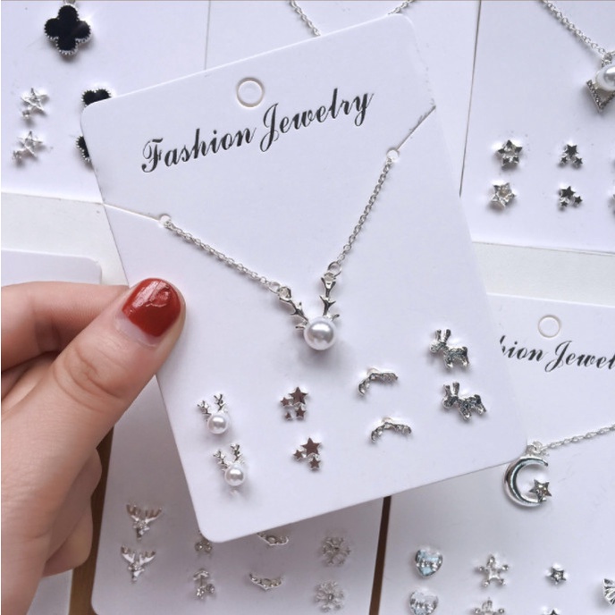 Set dây chuyền và 4 đôi bông tai phong cách Hàn Quốc siêu xinh BAG U SETDC196