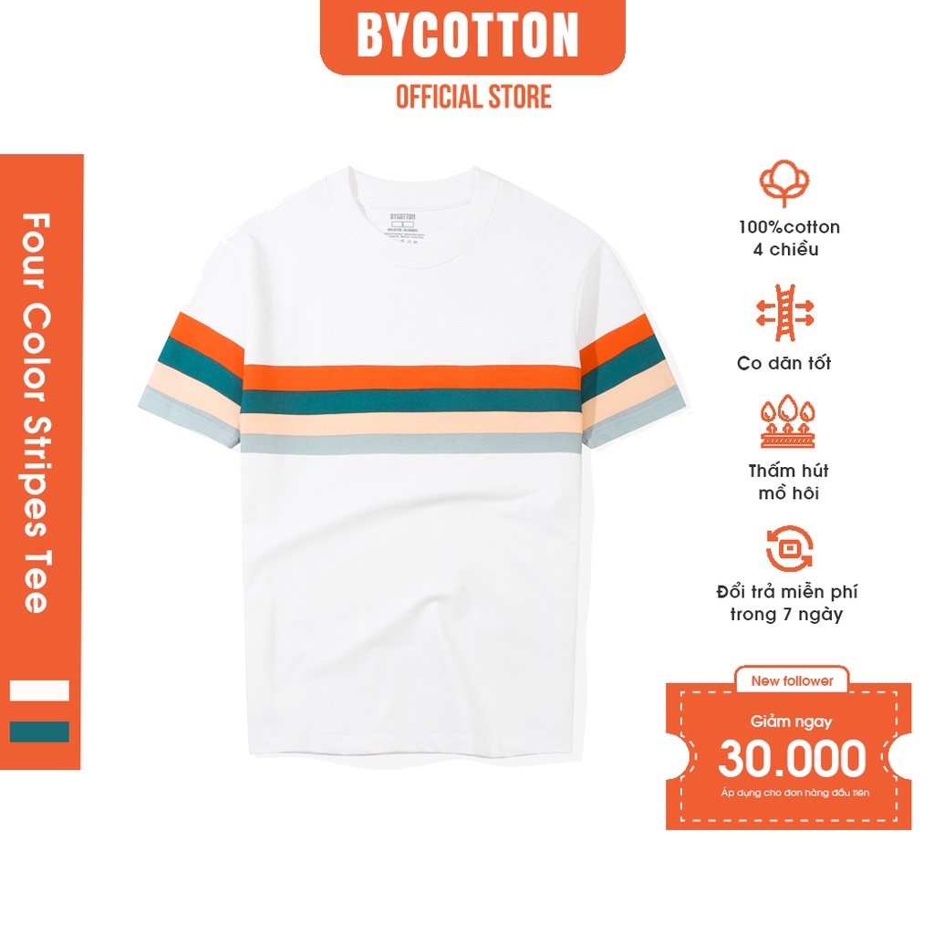 Áo Thun Ngắn Tay Cổ Tròn Trắng Phối Sọc 4 Màu BY COTTON Four Color Stripes Tee