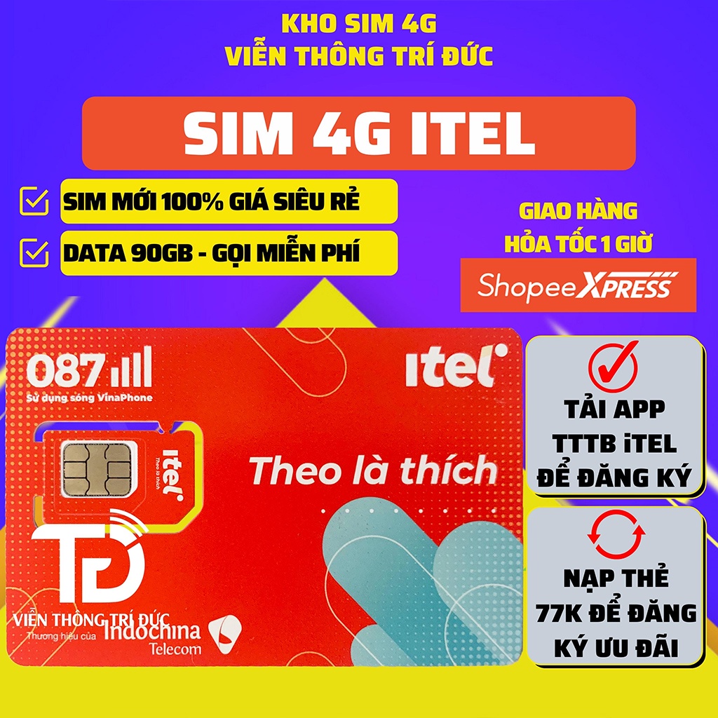 Sim 4G iTel MAY77 Mạng Vinaphone Data 90Gb/Tháng, Gọi Miễn Phí VinaPhone, Free 60 SMS, Sim 4G Phát Wifi Giá Rẻ