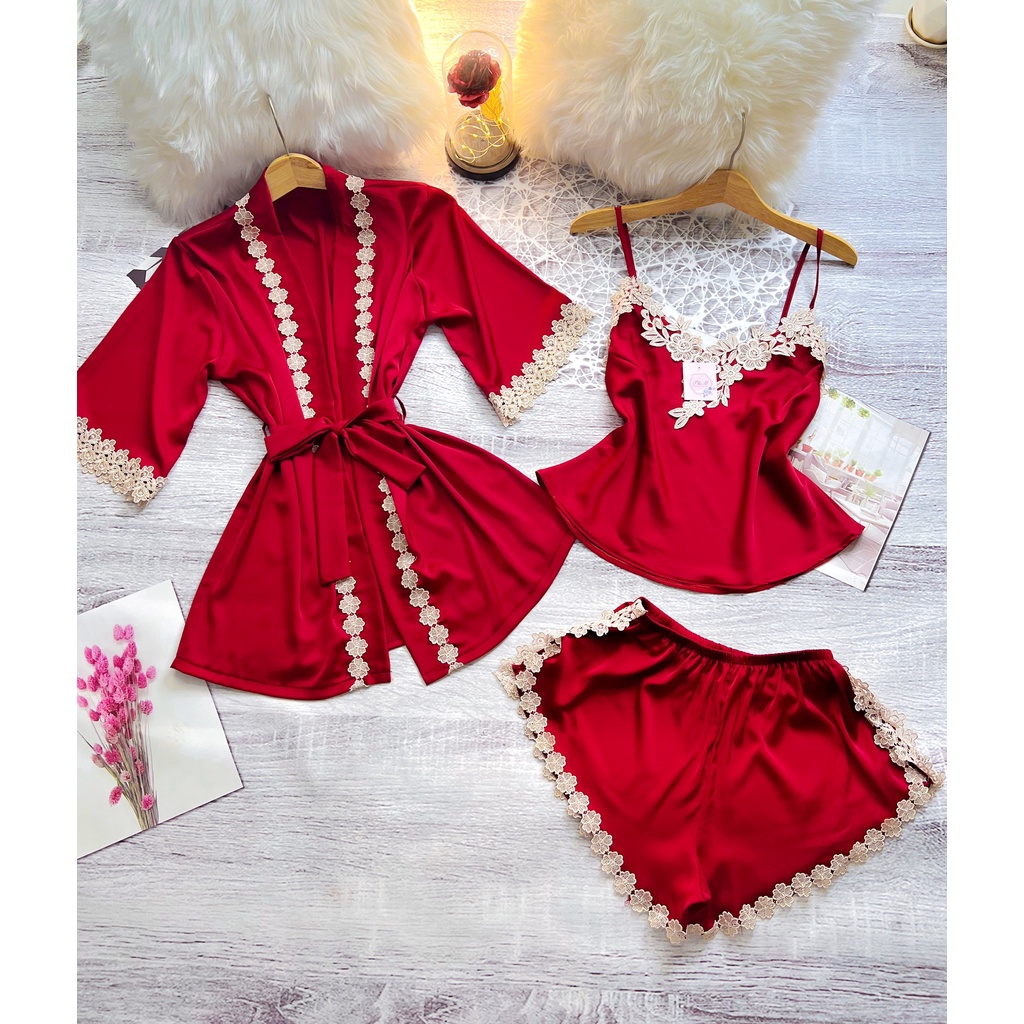 Set Váy Choàng Siêu Xinh, Phối Viền Ren Hoa, Bộ Ngủ 2 Dây Có Lưng Chun Co Giãn