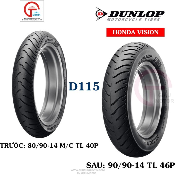 Combo cặp vỏ Dunlop 80.90-14 D115 & 90.90-14 không ruột cho xe AirBlade, AB, Click, Vision, Sky drive, Address, Joyride