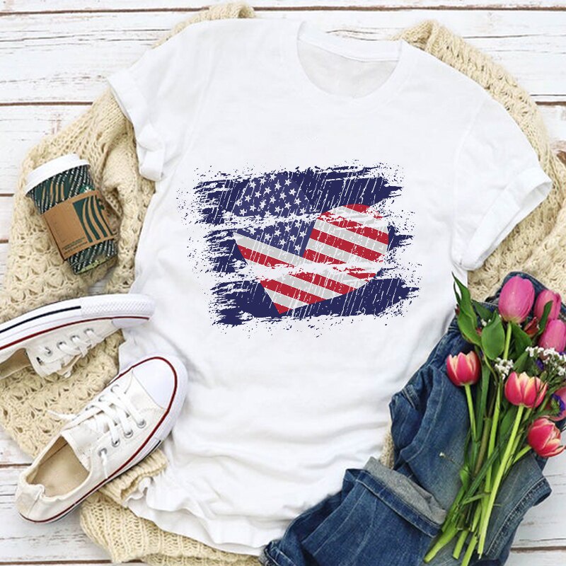 Áo thun tay ngắn in hình cờ Mỹ Patriotic dễ thương cho nữ