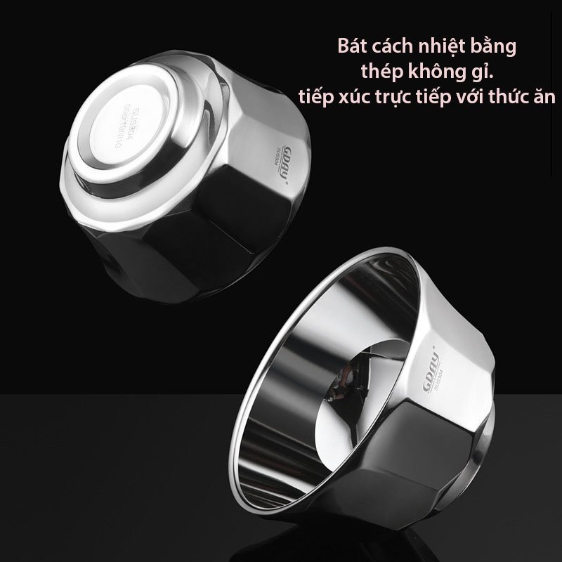 Bát inox, bát ăn inox 304 hai lớp cách nhiệt , cứng, bền, cách nhiệt, thiết kế kim cương GDAY - LOKING