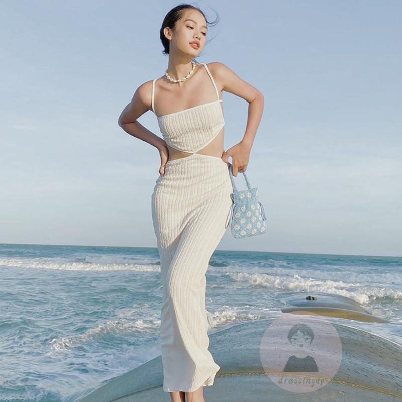 Đầm Hai Dây Dáng Dài Ôm Dáng Màu Trơn Lưng Cao Thời Trang Mùa Hè Cho Nữ