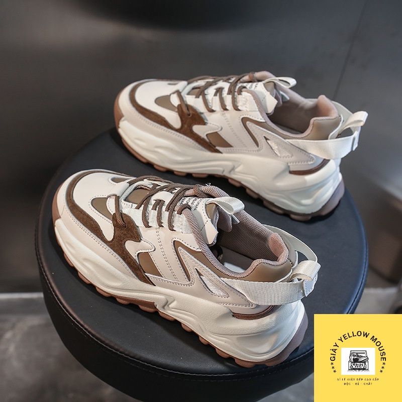 Giày thể thao sneaker nữ QC chất da phong cách ULZZANG đế tách 2 lớp 5cm tôn dáng màu đen/nâu