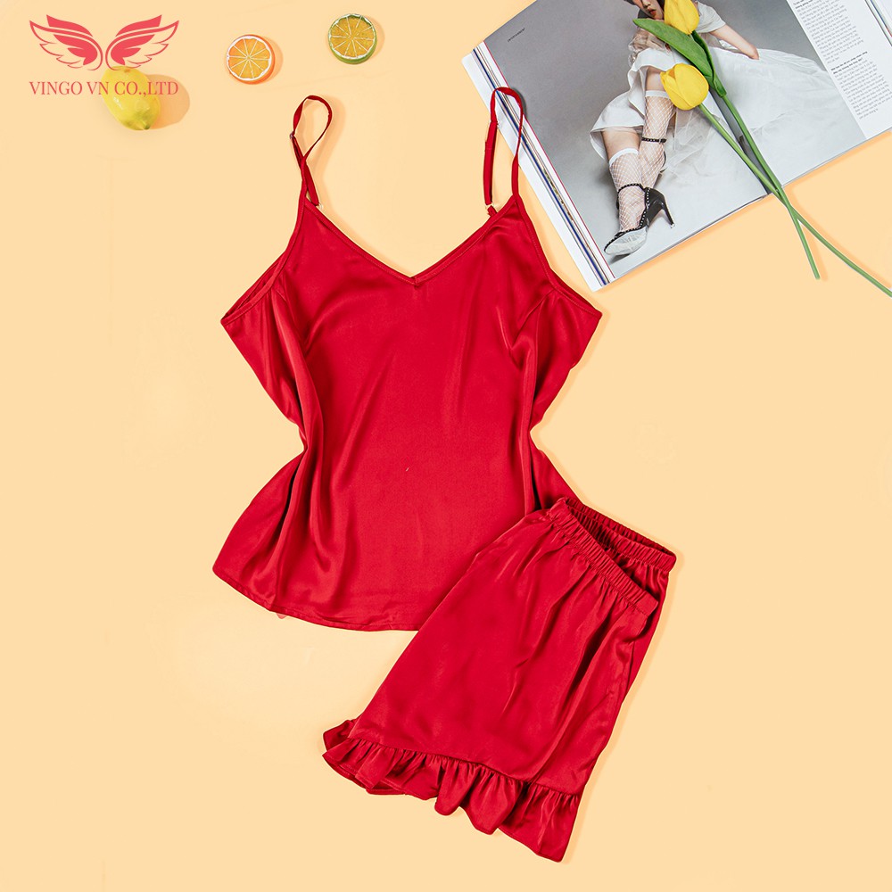 Bộ Ngủ Nữ 2 Dây VINGO Lụa Trơn Mặc Nhà Áo Dây Quần Xếp Ly Xòe Gợi Cảm Trẻ Trung Cao Cấp 3 Màu Đỏ Xanh Hồng N248 VNGO