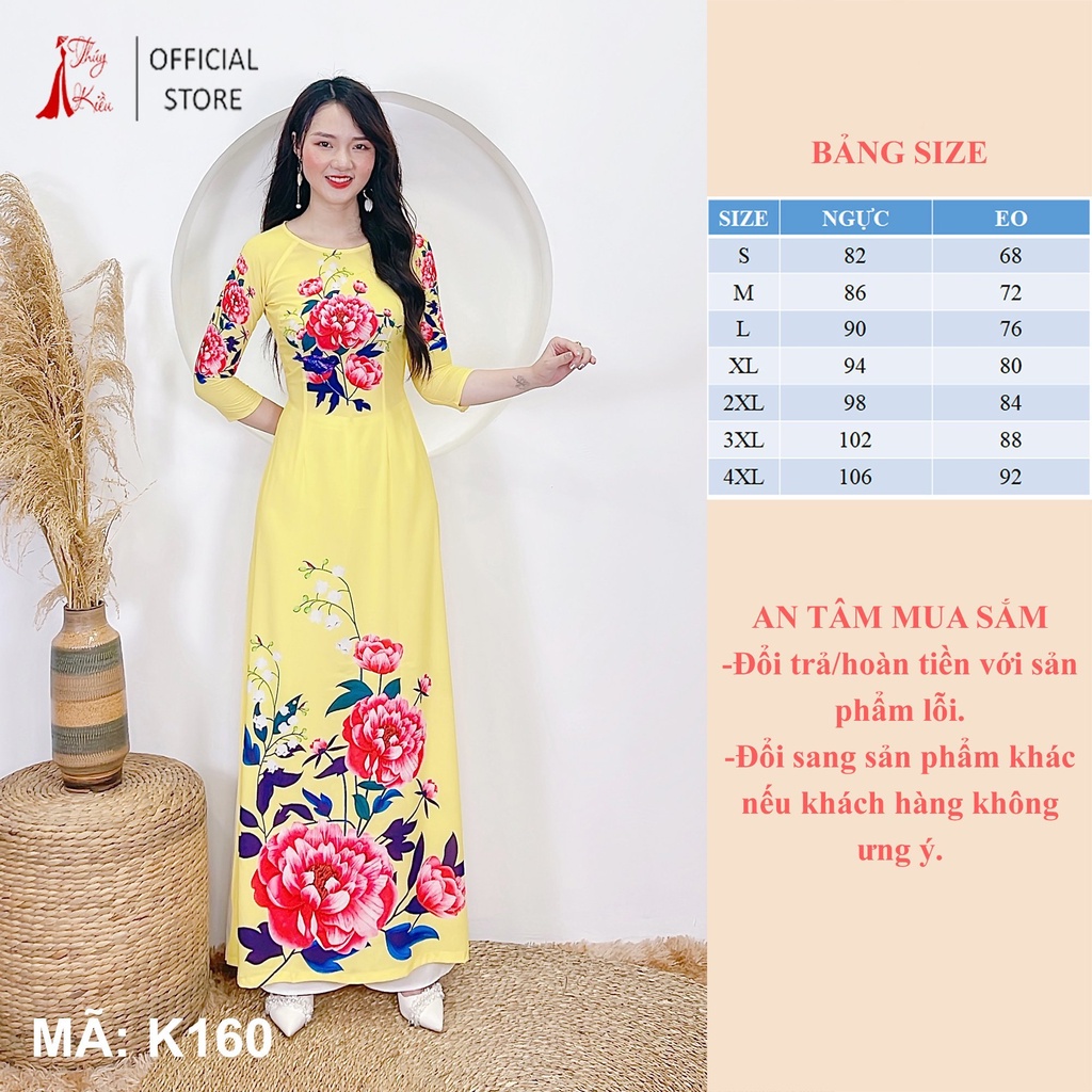 Áo dài in 3D lụa Nhật màu vàng hoa mẫu đơn K160 may sẵn đẹp thiết kế truyền thống
