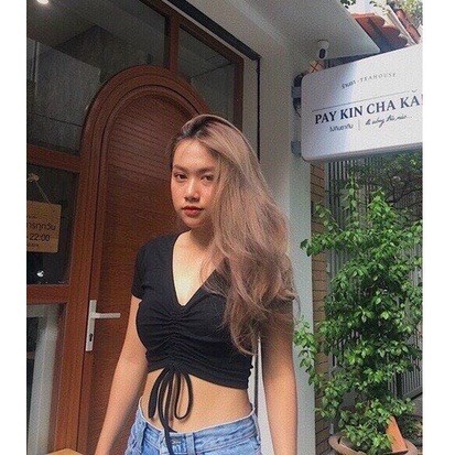 Áo Croptop Rút Dây Giữa Ngực CT29 Chất thun gân mịn kiểu dáng Ulzzang - Thun trơn cổ tim dúm ngực , cổ cộc tay ulzangnữ