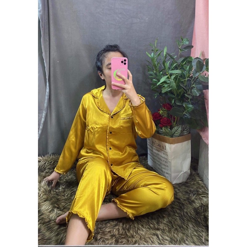 Đồ bộ pijama Lụa viền bèo-Tay dài Quần dài | BigBuy360 - bigbuy360.vn