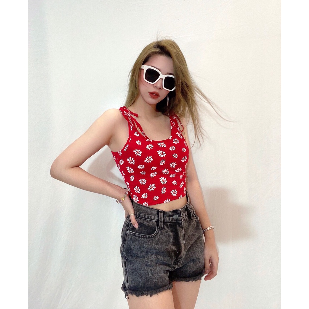 Ao 3 dây hoa , thun cotton 4 chieu , cột dây tren 2 vai