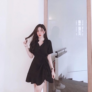 ĐẦM SƠMI ĐEN RÚT EO