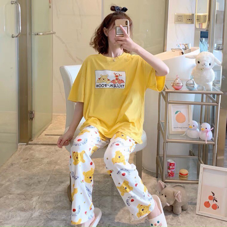 Set đồ bộ nữ thun lạnh cotton in hình 3D pooh cực dễ thương, chất thun cotton mềm mịn, thoải mái, form chuẩn