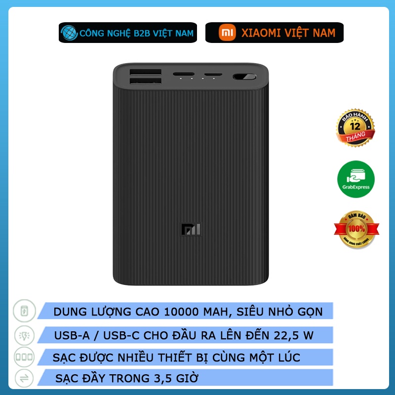 Sạc dự phòng Xiaomi Mi Power Bank 3 Ultra Compact 10000mAh PB1022ZM - Hàng chính hãng - Màu đen