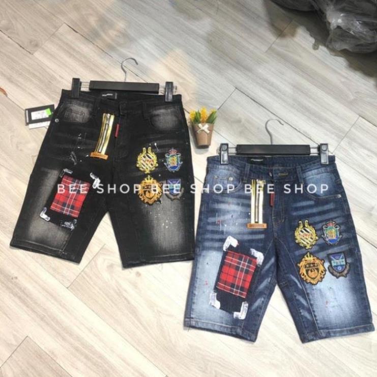 Quần bò ngố nam Dsq đính huy hiệu vá đỏ , quần jean nam, quần short bò 4 logo - Bee Shop ! ❕ # !
