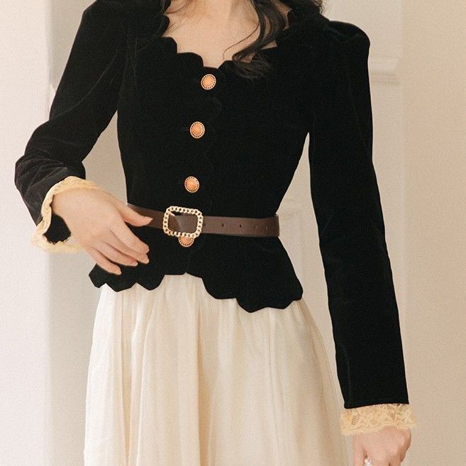 Set Áo Nhung Đen + Chân Váy Phong Cách Retro Hàn Quốc Cho Nữ