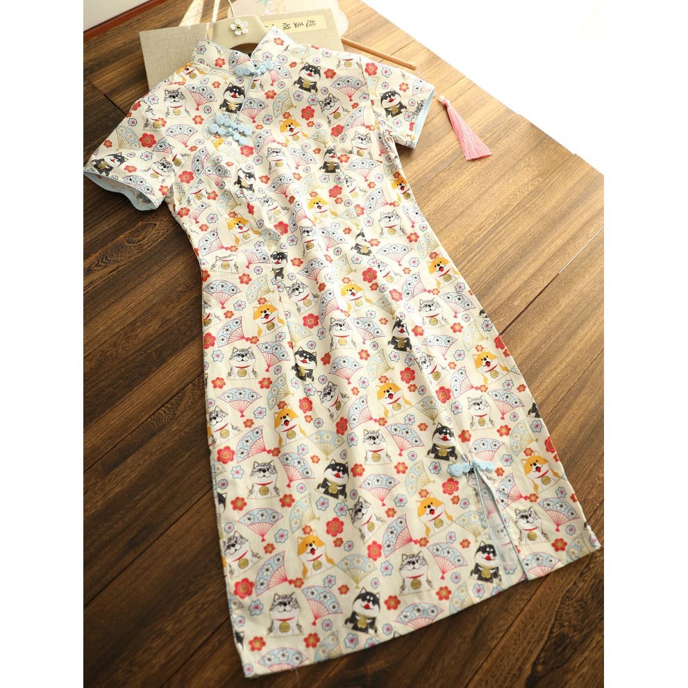 Đầm Body Sườn Xám Cổ Tàu Hoạt Tiết Hình Cún Và Quạt Thời Trang Mùa Tết Cho Bạn Nữ. | BigBuy360 - bigbuy360.vn