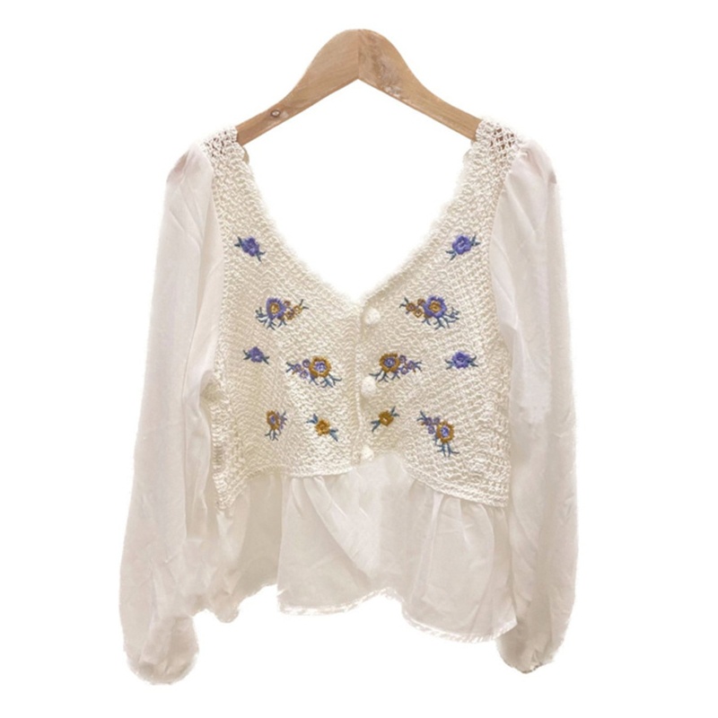 Brroa Áo Sơ Mi Tay Phồng Thêu Hoa Cài Nút Phía Trước Thời Trang Mùa Xuân Cho