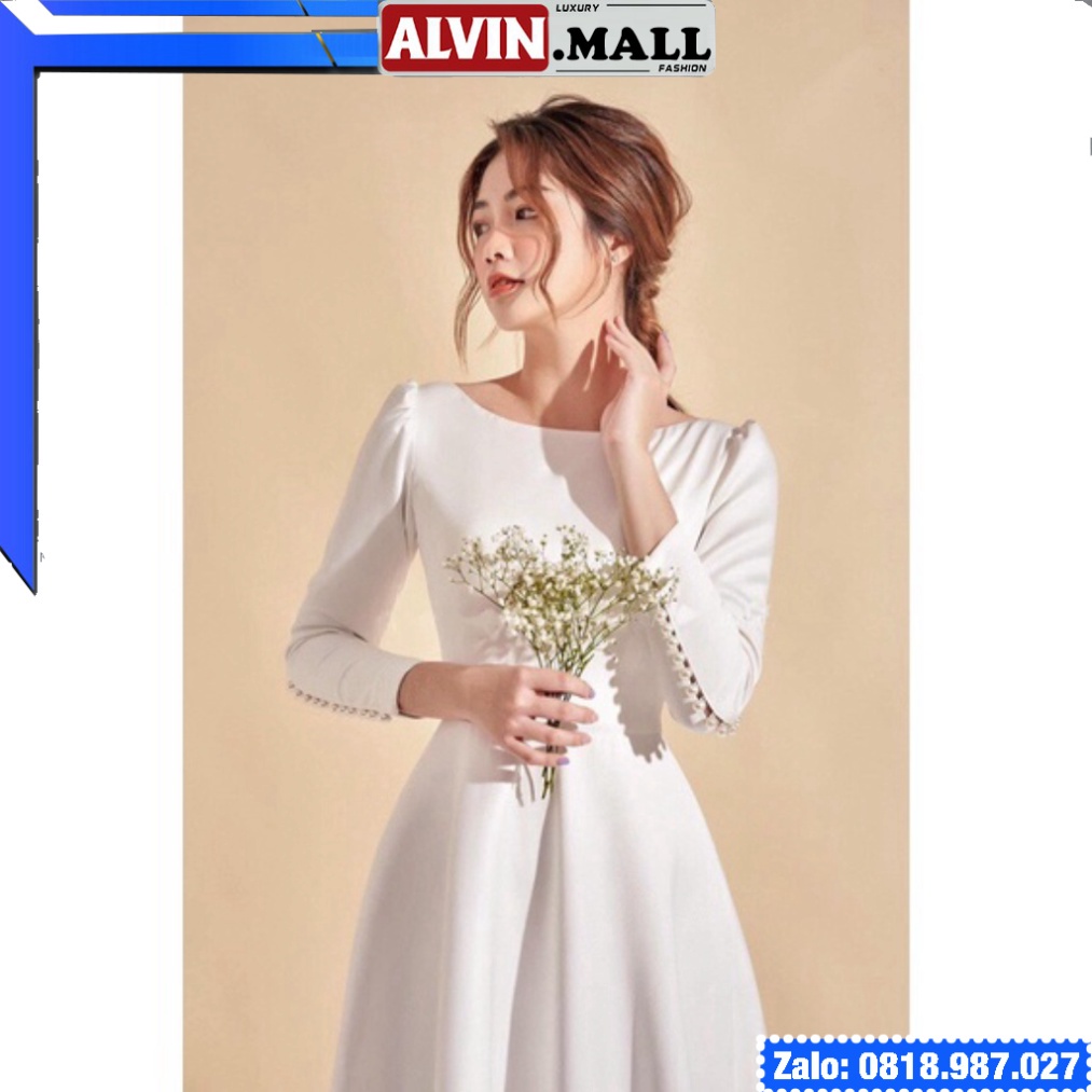🔥𝓠𝓾ả𝓷𝓰 𝓒𝓱â𝓾 CAO CẤP🔥 Đầm dạ hội tiệc cưới kiểu tay dài cổ thuyền phối nút màu trắng vải phi mờ nhập khẩu ladyvi