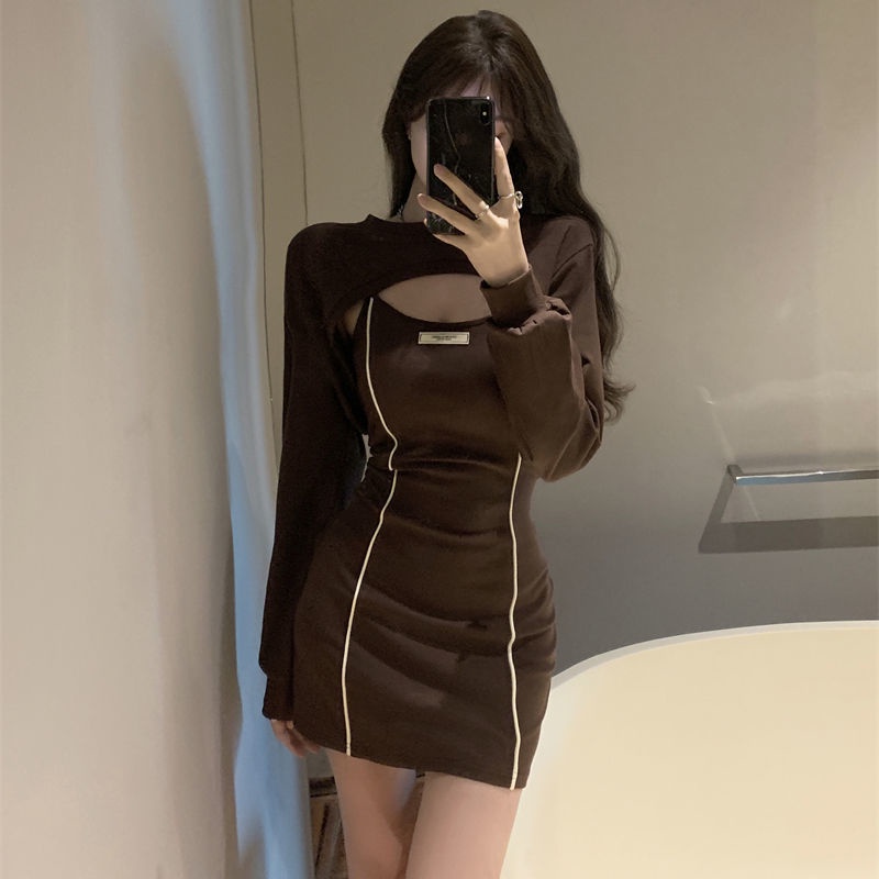 COZOK Set đầm sát nách + áo sơ mi tay dài kiểu dáng trẻ trung quyến rũ cho nữ